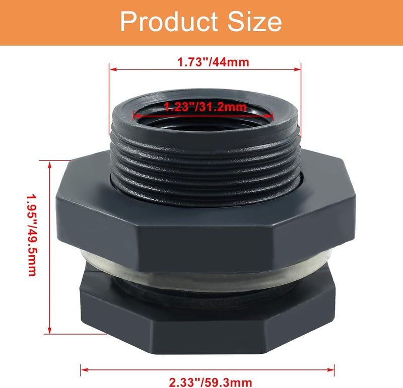 Suiwotin 2pcs NPT1 PVC Bulkhead Fitting, 1 Inch Plastic Water Tank Connector Threaded Thru-Bulk Pipe Fittings for Rain Barrels, Aquariums, Bucket Hose Adapter, Ponds, Pools - Image 2